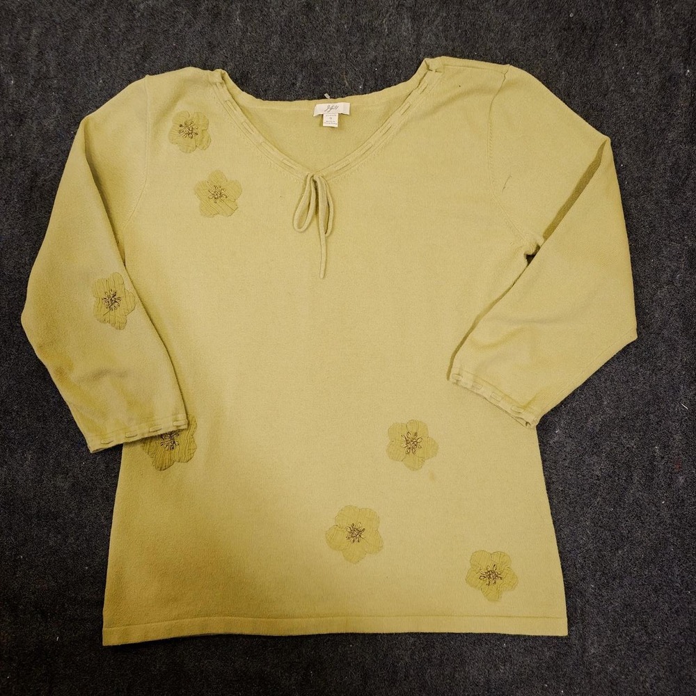 J. Jill Women Green Floral Applique V-Neck Tie Knit Top Stretch Small